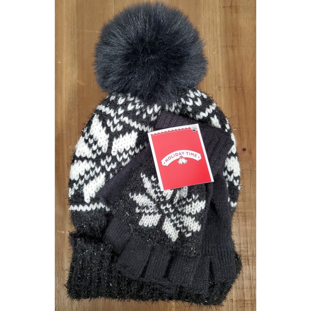 Tinsel Snowflake Hat & Gloves Set Black Pom Pom Open Finger Texting Women NEW